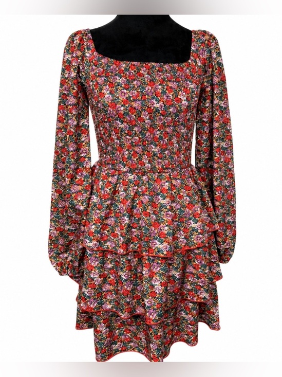 Btfbm Dresses & Skirts - Floral Square Neck Smocked Dress 3 Ruffled Tiers SMALL, Red Lavender NWOT BTFBM